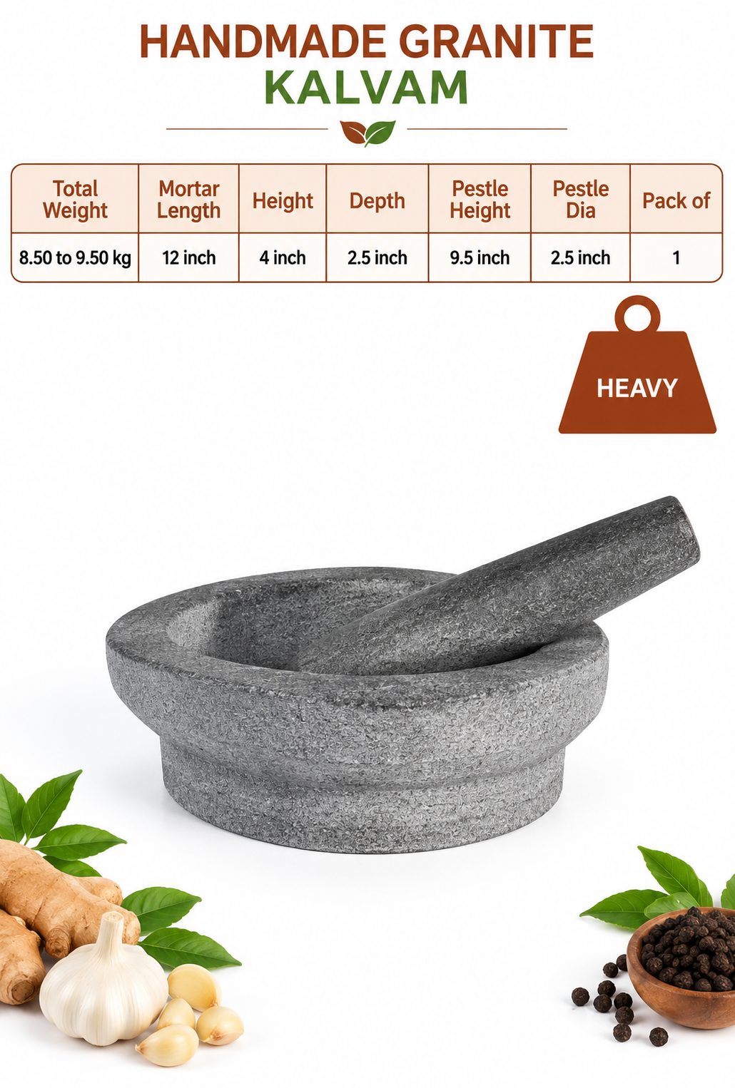 Granite Unpolished Kharal | Nanni Kalvam (நன்னி கல்வம்), Heavy Bottom with comfortable Pestle, 100% Safe, High-Quality Stone for Home & Kitchen