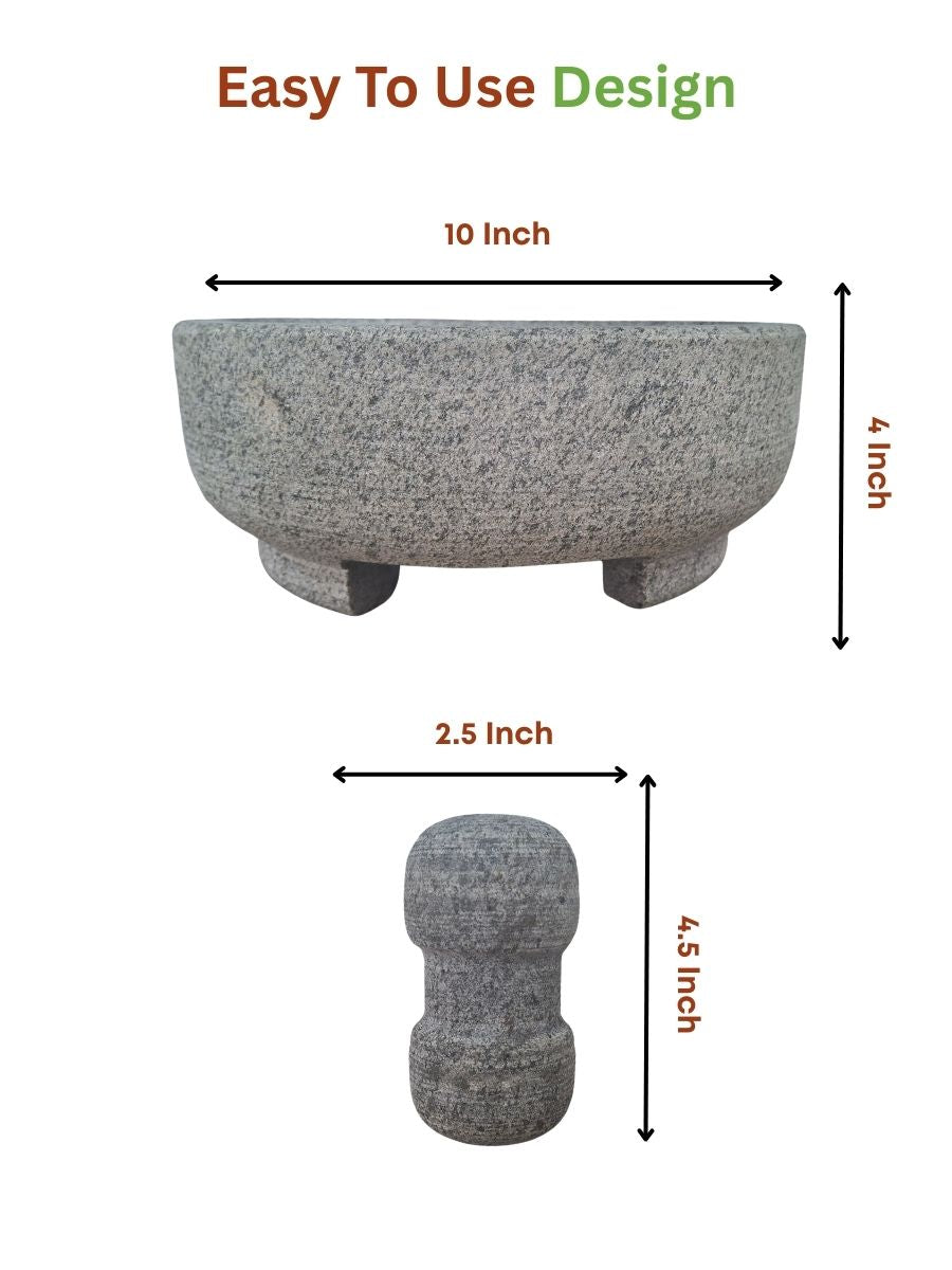 Unpolished mortar and pestle with height and diameter measurements shown on white background