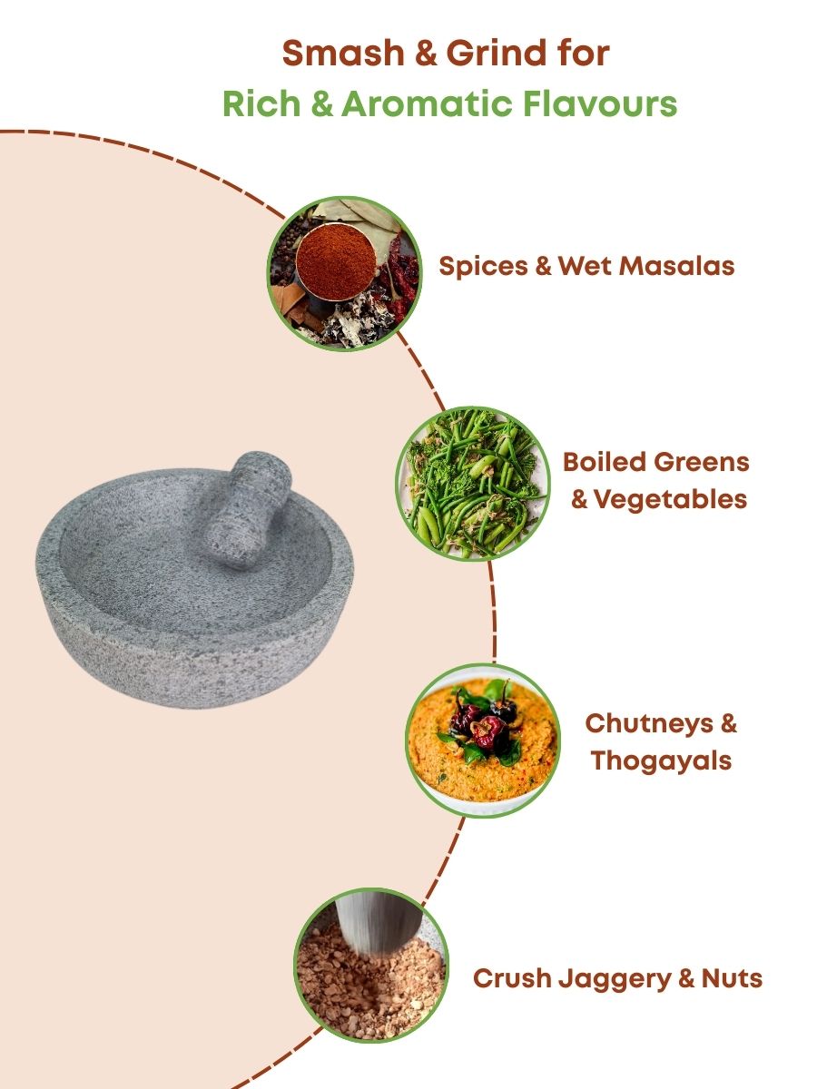Traditional stone kharal mortar and pestle used to smash and grind spices, wet masalas, chutneys, boiled greens, vegetables, jaggery and nuts for rich aromatic flavours.