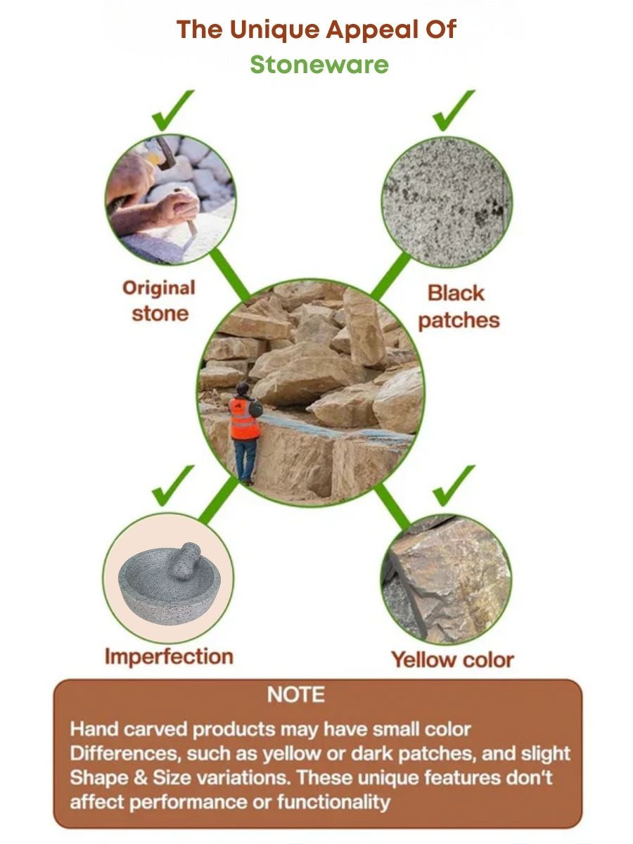 Each handcrafted stoneware(Mortar and Pestle) piece has natural marks like patches, color shifts, or shape changes – proof of uniqueness.