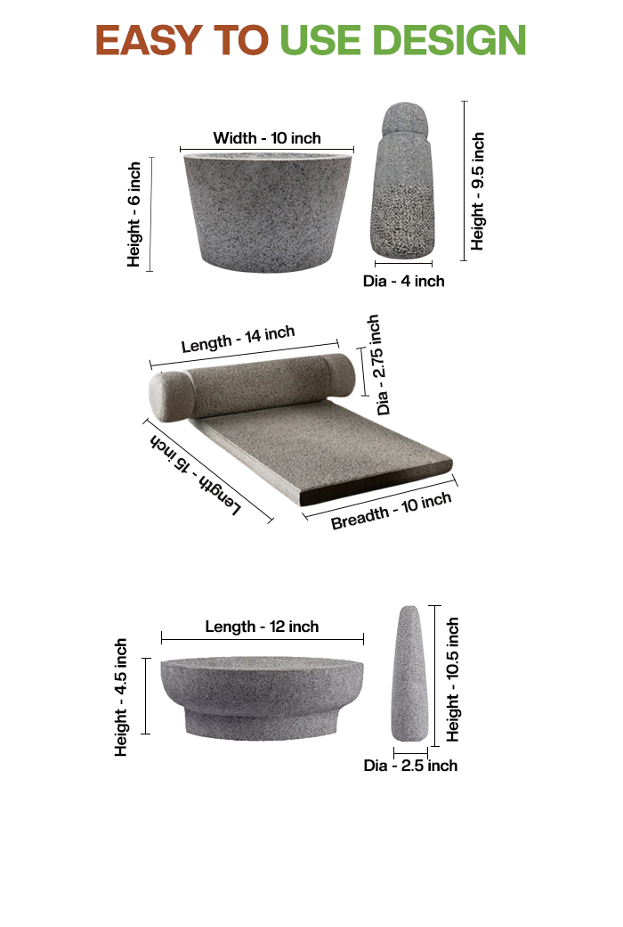 Dimension chart of handmade Silbatta (Ammikal), Rubbu Rolu (Attukal) and Kalvam (Kharal) showing height, width, diameter, and length of each piece with Village Decor branding.
