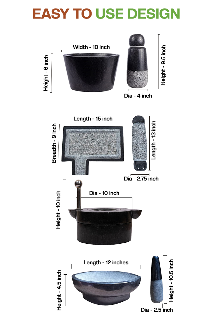 Dimension chart of handmade Silbatta (Ammikal), Rubbu Rolu (Attukal),Stone Mill (Attachakki) and Kalvam (Kharal) showing height, width, diameter, and length of each piece with Village Decor branding.
