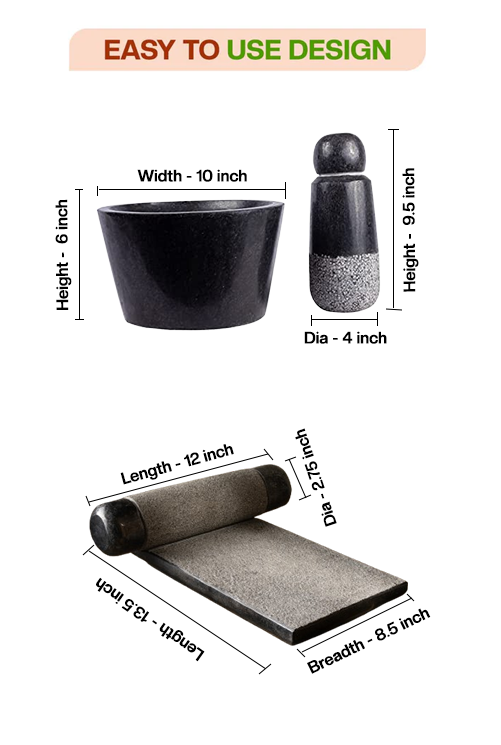 Dimension chart of handmade Silbatta (Ammikal) and Rubbu Rolu (Attukal) showing height, width, diameter, and length of each piece with Village Decor branding.
