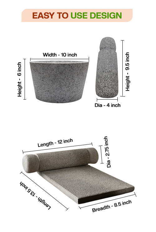 Dimension chart of handmade Silbatta (Ammikal) and Rubbu Rolu (Attukal) showing height, width, diameter, and length of each piece with Village Decor branding.
