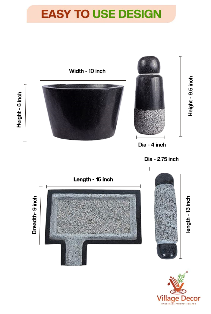 Dimension chart of handmade Silbatta (Ammikal) and Rubbu Rolu (Attukal) showing height, width, diameter, and length of each piece with Village Decor branding.
