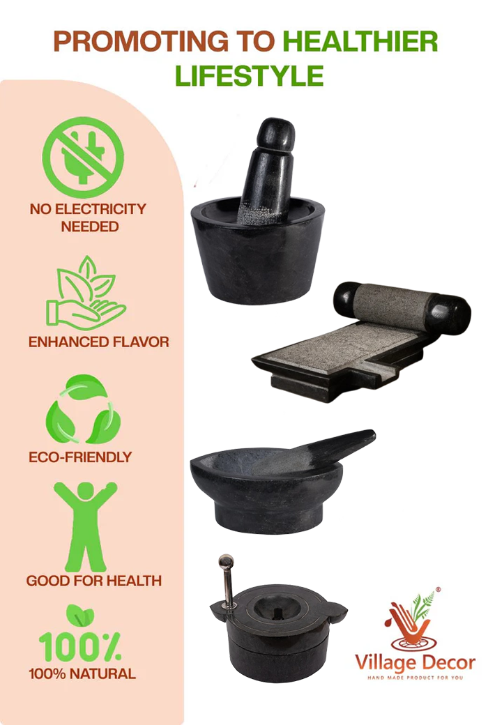 Traditional stone mortar and pestle set by Village Decor, promoting a healthier lifestyle with benefits like no electricity use, enhanced flavor, and 100% natural grinding.
