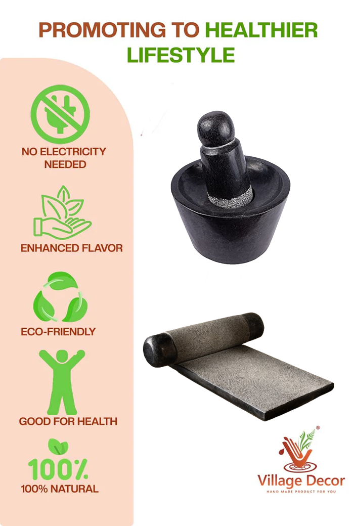 Traditional stone mortar and pestle set by Village Decor, promoting a healthier lifestyle with benefits like no electricity use, enhanced flavor, and 100% natural grinding.
