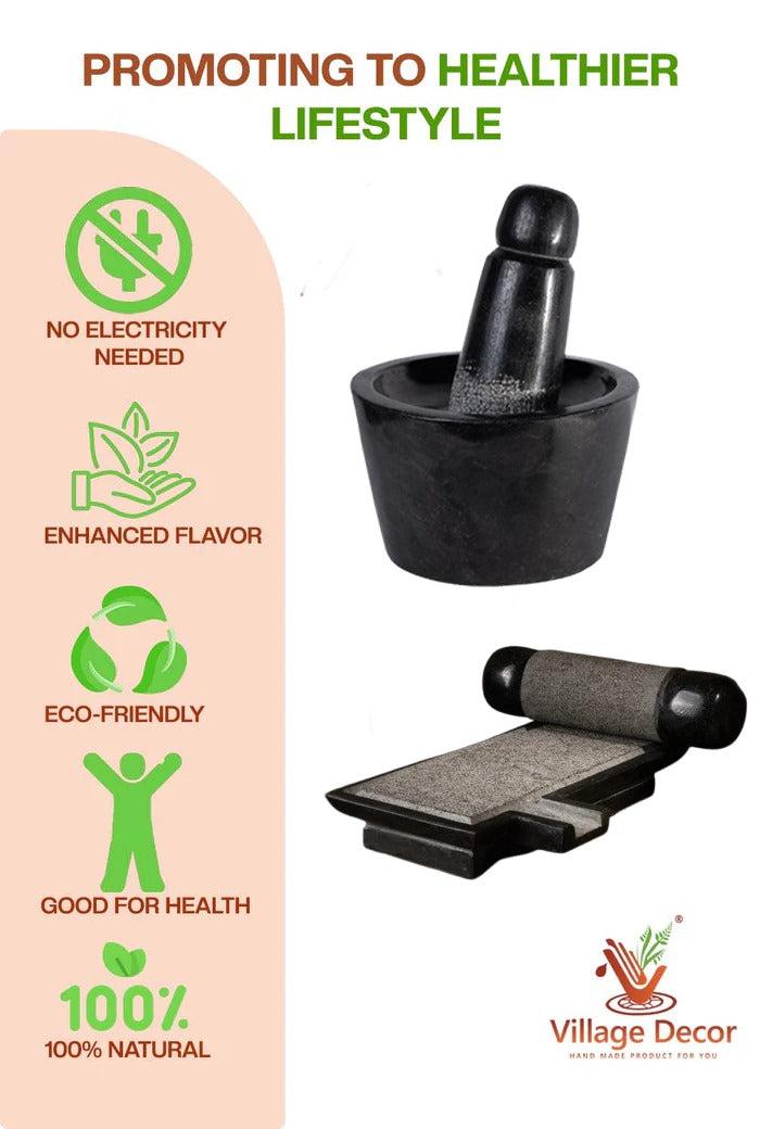 Traditional stone mortar and pestle set by Village Decor, promoting a healthier lifestyle with benefits like no electricity use, enhanced flavor, and 100% natural grinding.

