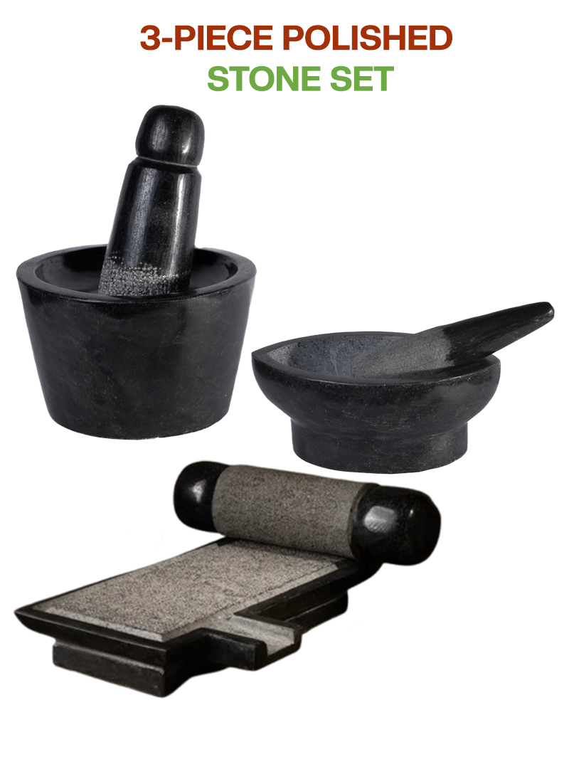 Polished stone Silbatta (Ammikal) and Rubbu Rolu (Attukal) and kalvam (kharal) combo displayed on a white background, ideal for traditional grinding in Indian kitchens.
