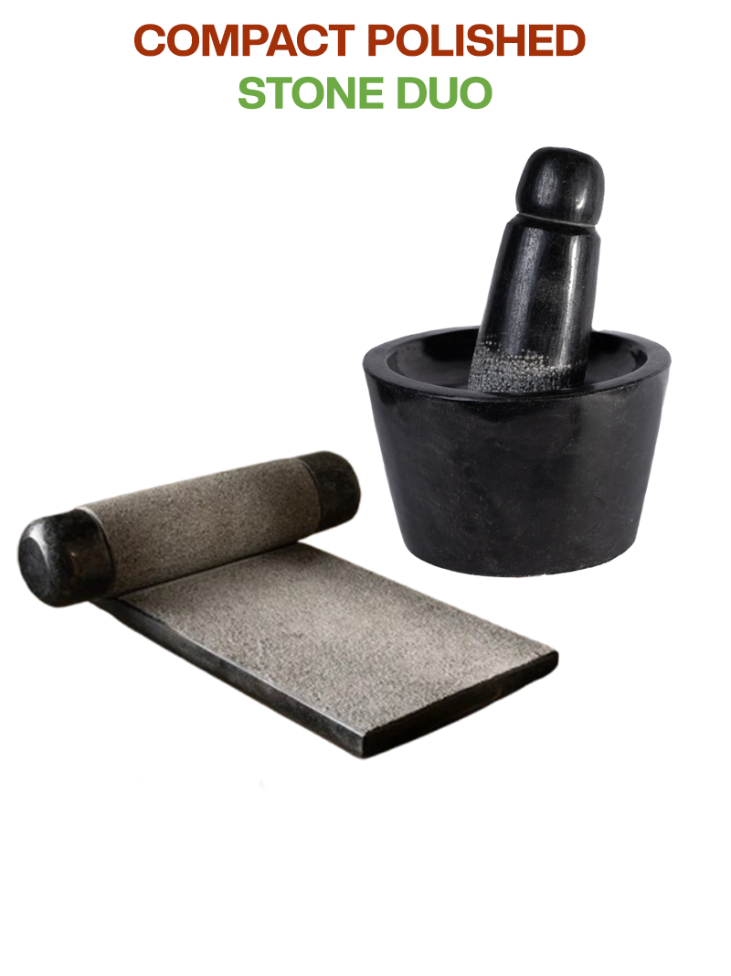 Polished stone Silbatta (Ammikal) and Rubbu Rolu (Attukal) combo displayed on a white background, ideal for traditional grinding in Indian kitchens.
