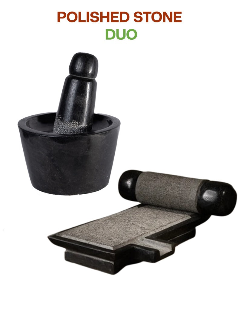 Polished stone Silbatta (Ammikal) and Rubbu Rolu (Attukal) combo displayed on a white background, ideal for traditional grinding in Indian kitchens.

