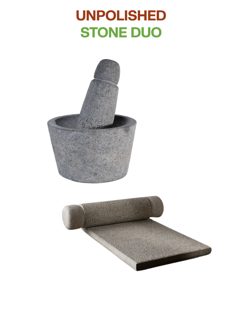 Unpolished stone Silbatta (Ammikal) and Rubbu Rolu (Attukal) combo displayed on a white background, ideal for traditional grinding in Indian kitchens.
