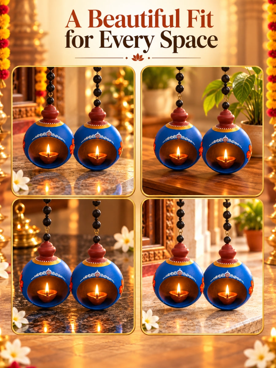 Temple  Blue Hanging Doom Diya  - Dia 4.5 inch | Handpainted Terracotta Decor - Inspired by temples Made for your home
