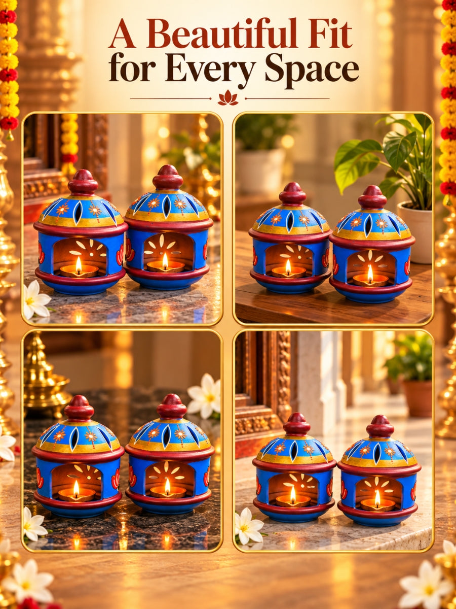 Temple  Blue Round Hut shape Diya  - Height 6 Inch | Handpainted Terracotta Decor - Inspired by temples Made for your home