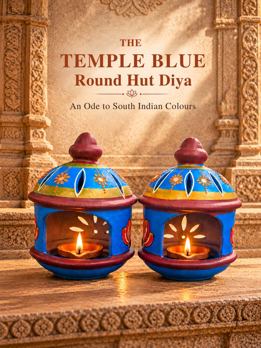 Temple  Blue Round Hut shape Diya  - Height 6 Inch | Handpainted Terracotta Decor - Inspired by temples Made for your home