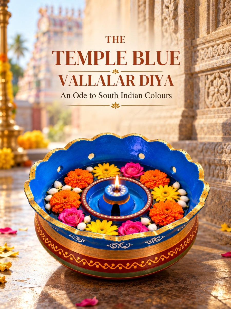 Temple Blue Terracotta Vallalar Diya - Dia 7 inch | Handpainted Terracotta Decor - Inspired by temples Made for your home
