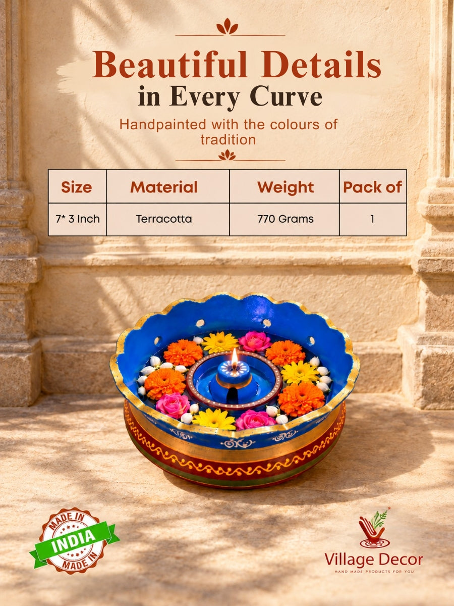 Temple Blue Terracotta Vallalar Diya - Dia 7 inch | Handpainted Terracotta Decor - Inspired by temples Made for your home