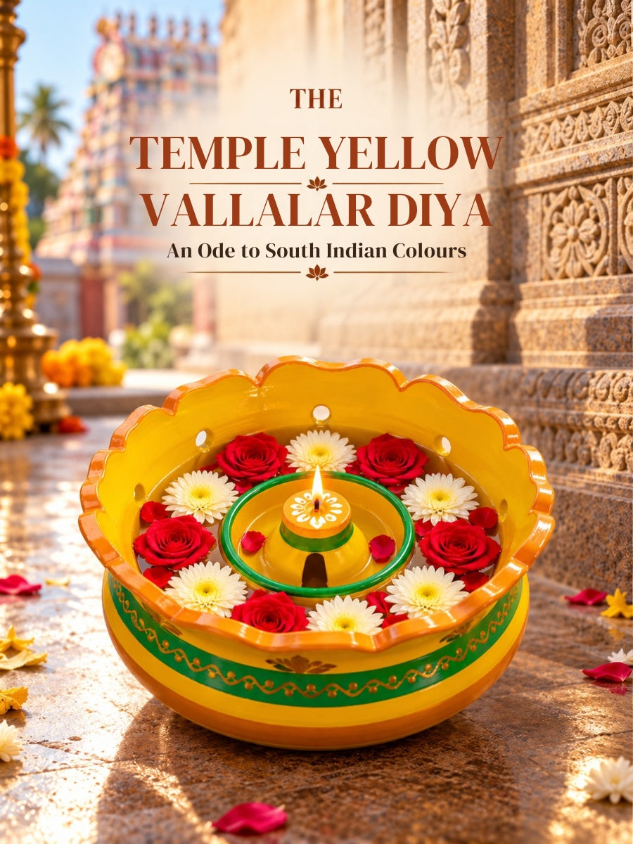 Temple Yellow Terracotta Vallalar Diya - Dia 7 inch | Handpainted Terracotta Decor - Inspired by temples Made for your home