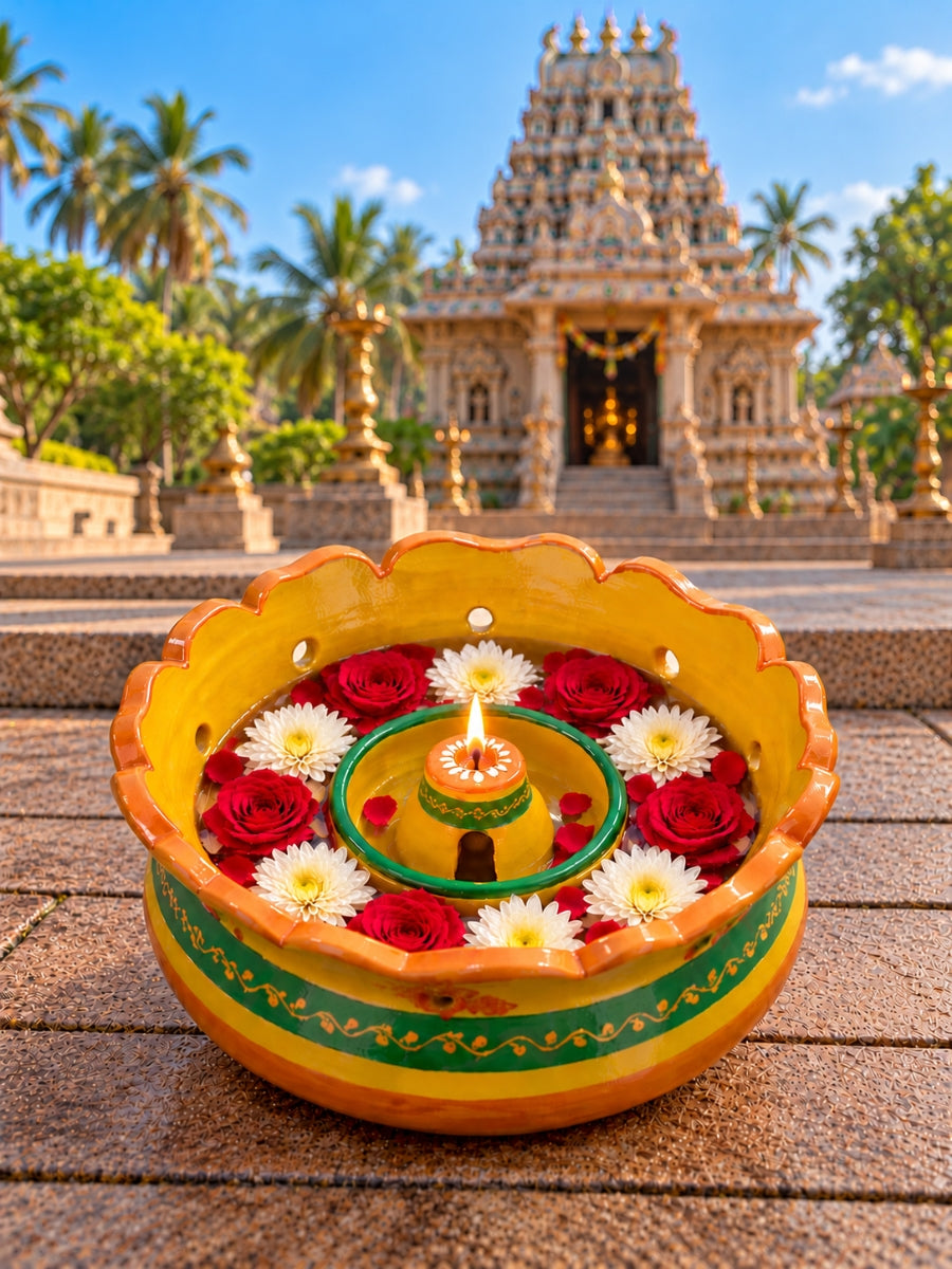 Temple Yellow Terracotta Vallalar Diya - Dia 7 inch | Handpainted Terracotta Decor - Inspired by temples Made for your home