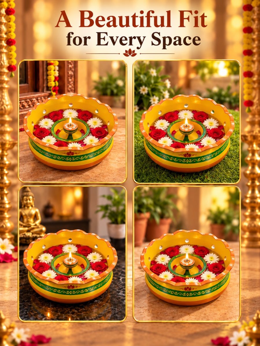 Temple Yellow Terracotta Vallalar Diya - Dia 7 inch | Handpainted Terracotta Decor - Inspired by temples Made for your home