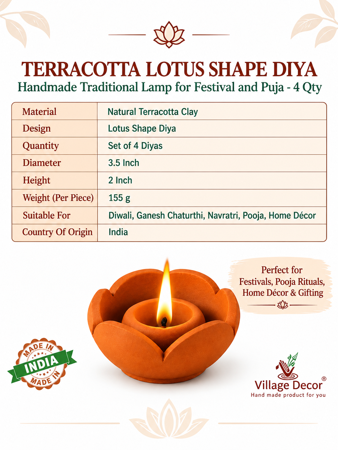 Terracotta Lotus Shape Diya | Handmade Traditional Lamp for Festival and Puja - 4 Qty