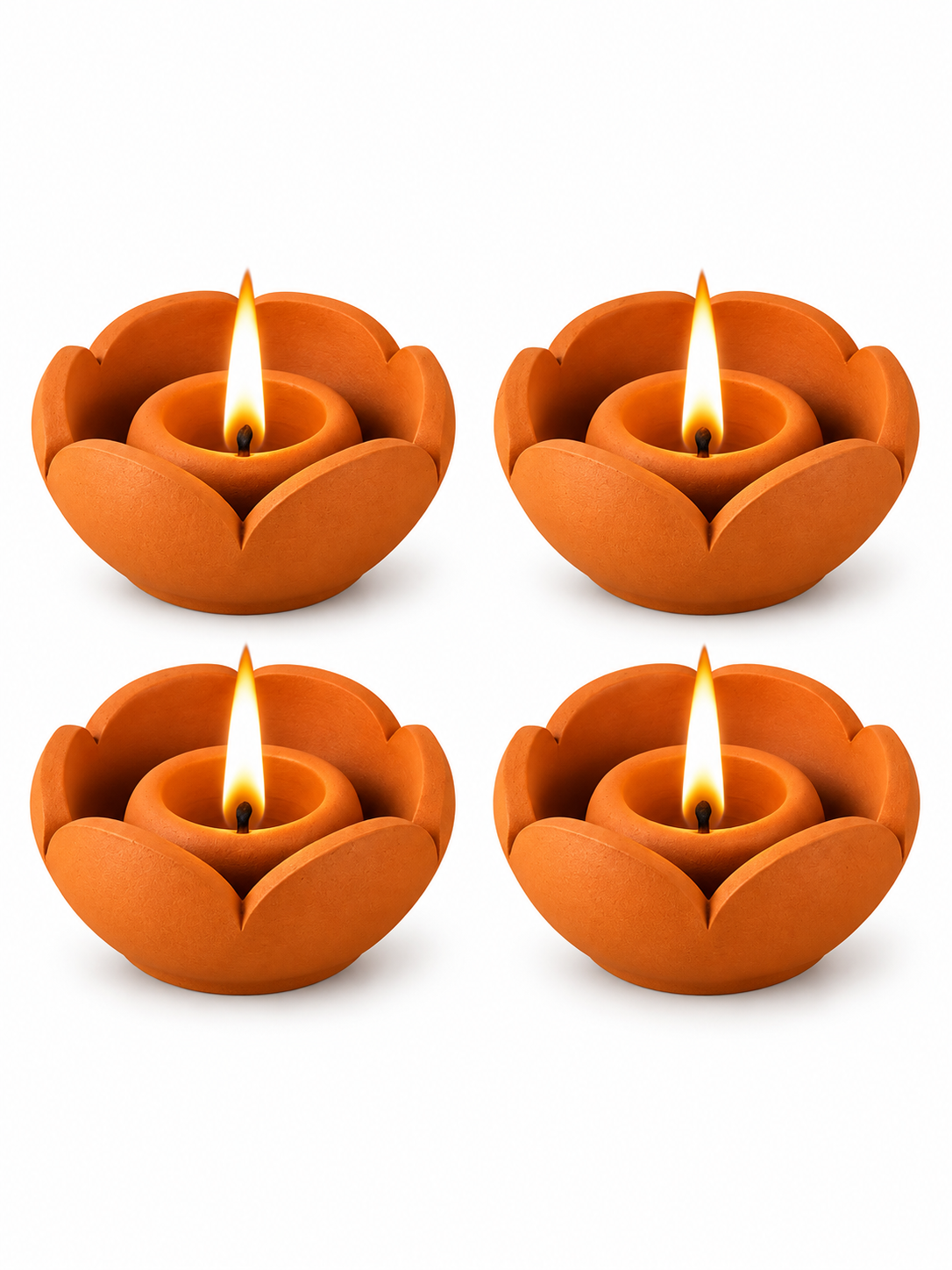 Terracotta Lotus Shape Diya | Handmade Traditional Lamp for Festival and Puja - 4 Qty
