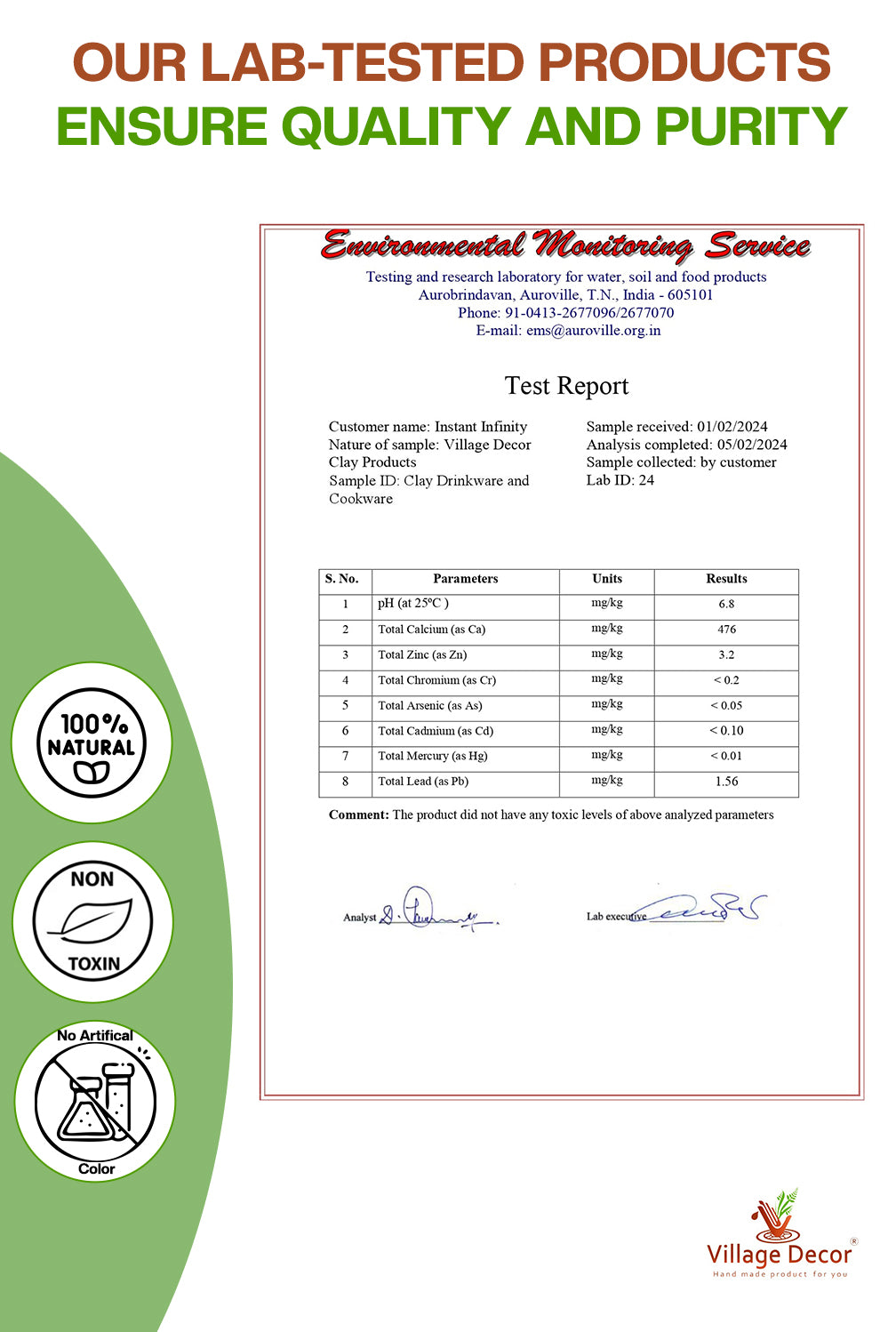 Lab-tested clay water bottle certification report from Village Decor showcasing 100% natural, non-toxic, and chemical-free quality assurance.
