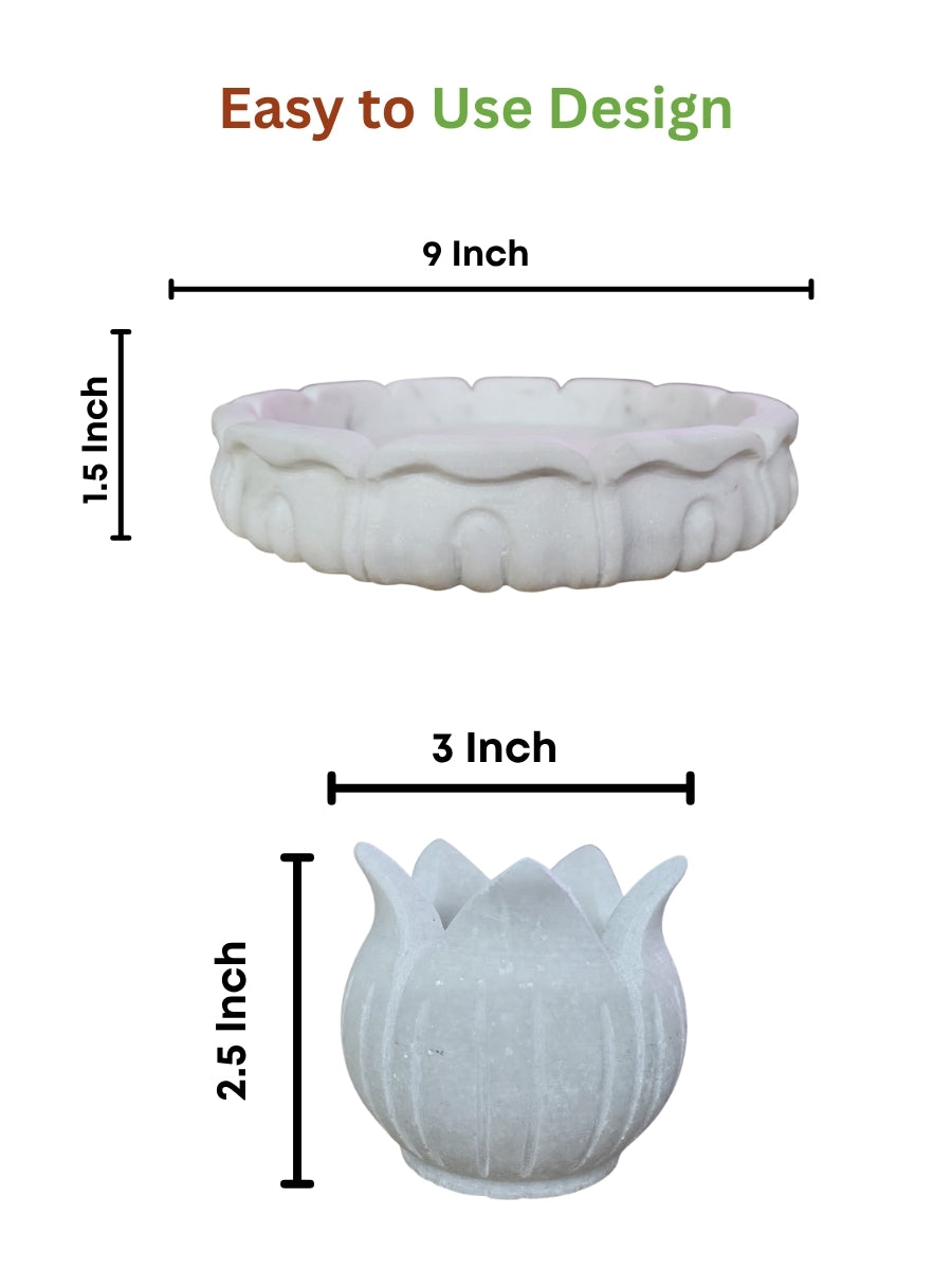 Dimension guide for the handcrafted lotus marble urli with tea light holder, highlighting the urli and tea light holder measurements for easy placement and everyday use.