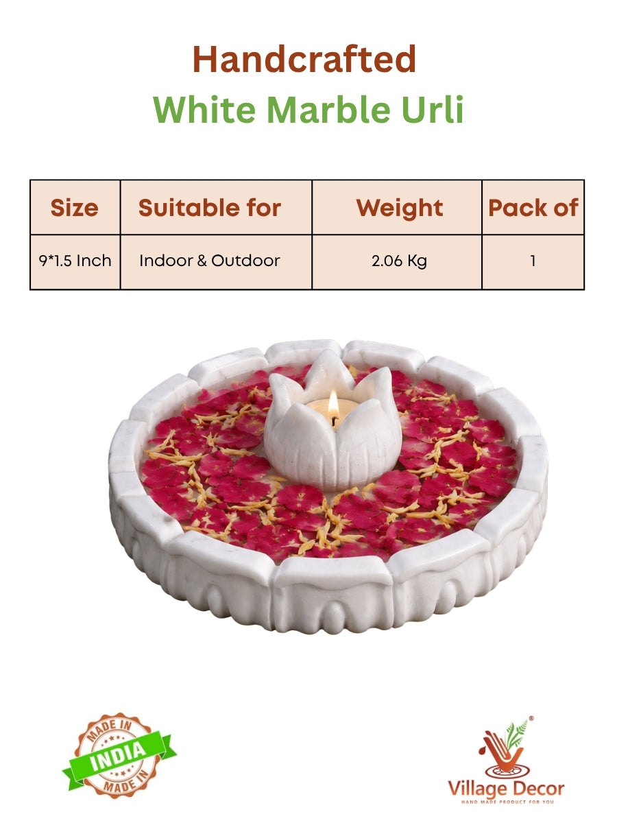 Handcrafted lotus marble urli with tea light holder featuring size, weight, and usage details, displayed with rose petals and a central tealight on a clean white background.