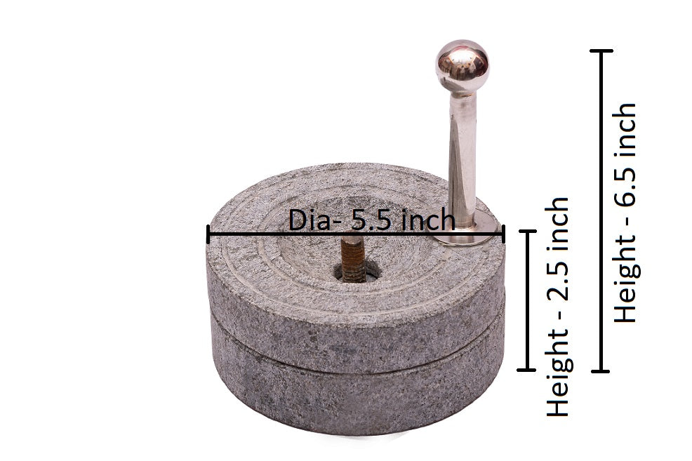 Miniature atta chakki with dimensions, 5.5-inch diameter, 2.5-inch height, and 6.5-inch handle height, traditional grinding model for kids.