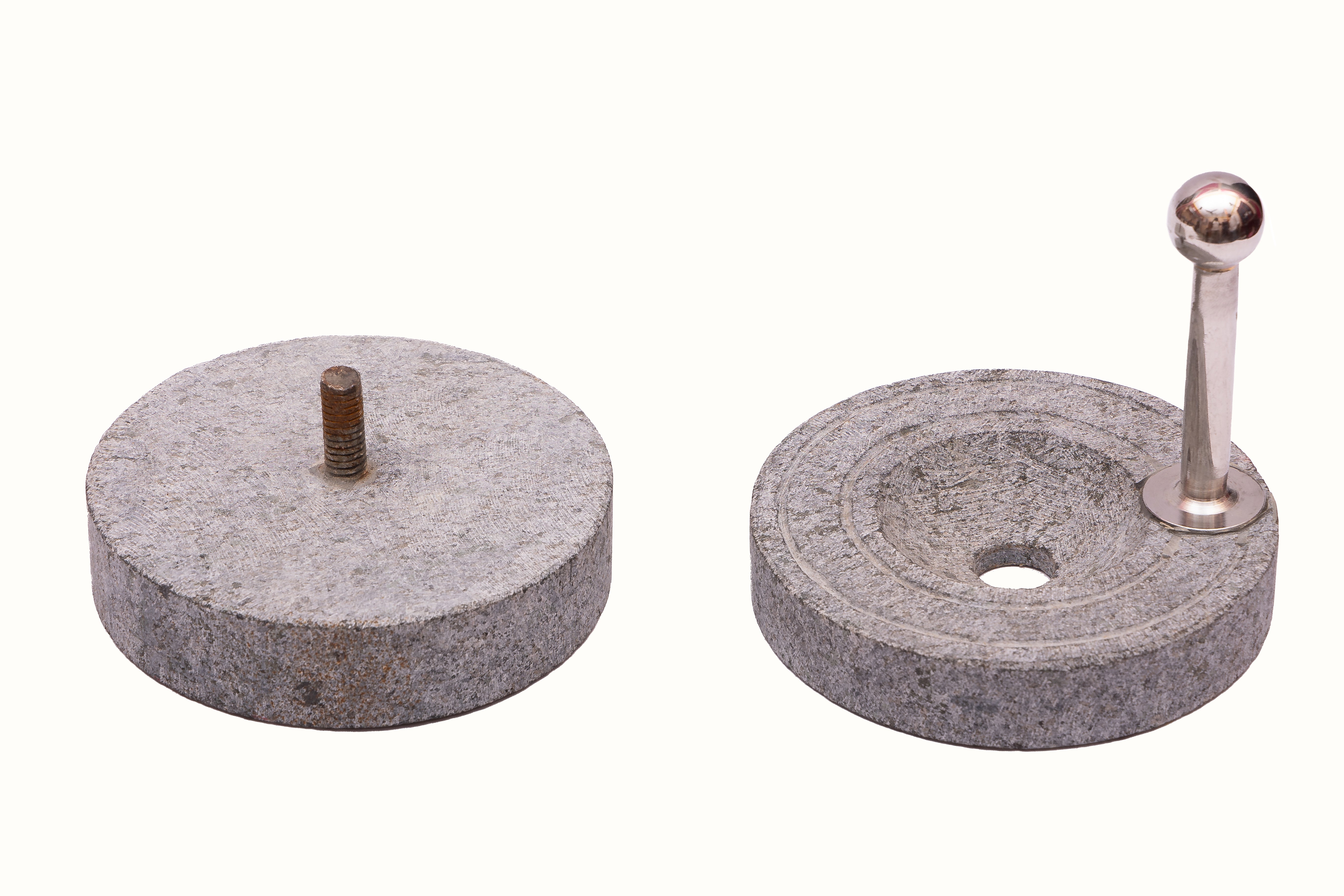 Miniature atta chakki top and bottom view showing two detachable grinding stone parts with handle, traditional model for kids’ play and learning.