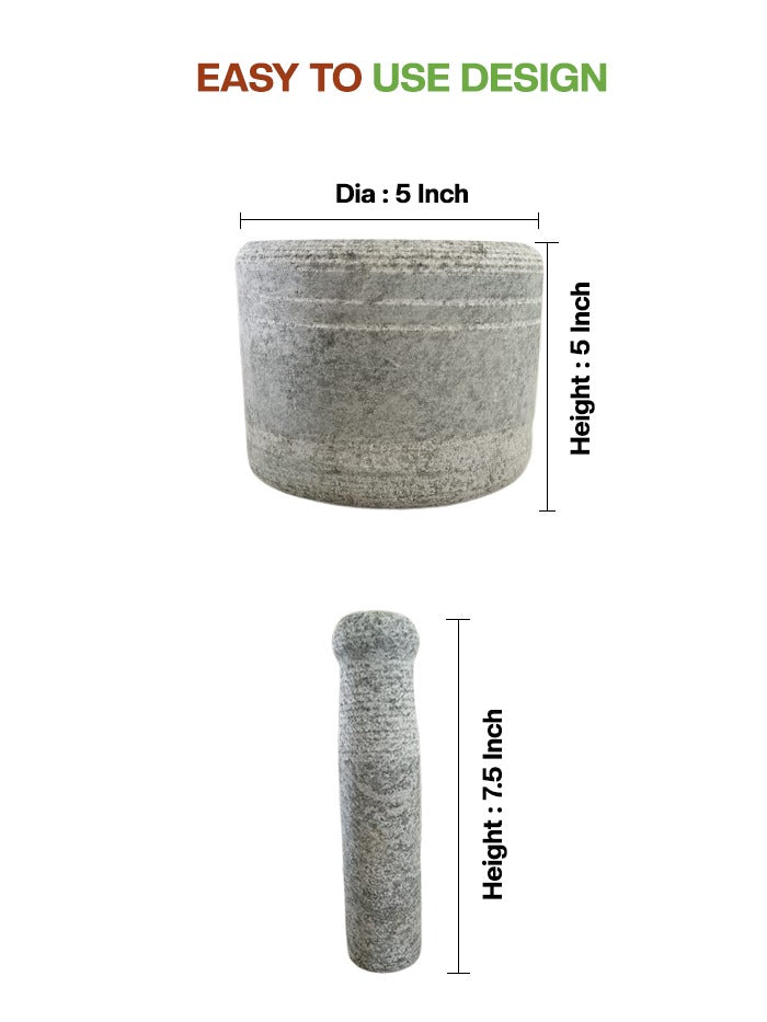 Unpolished mortar and pestle with height and diameter measurements shown on white background.