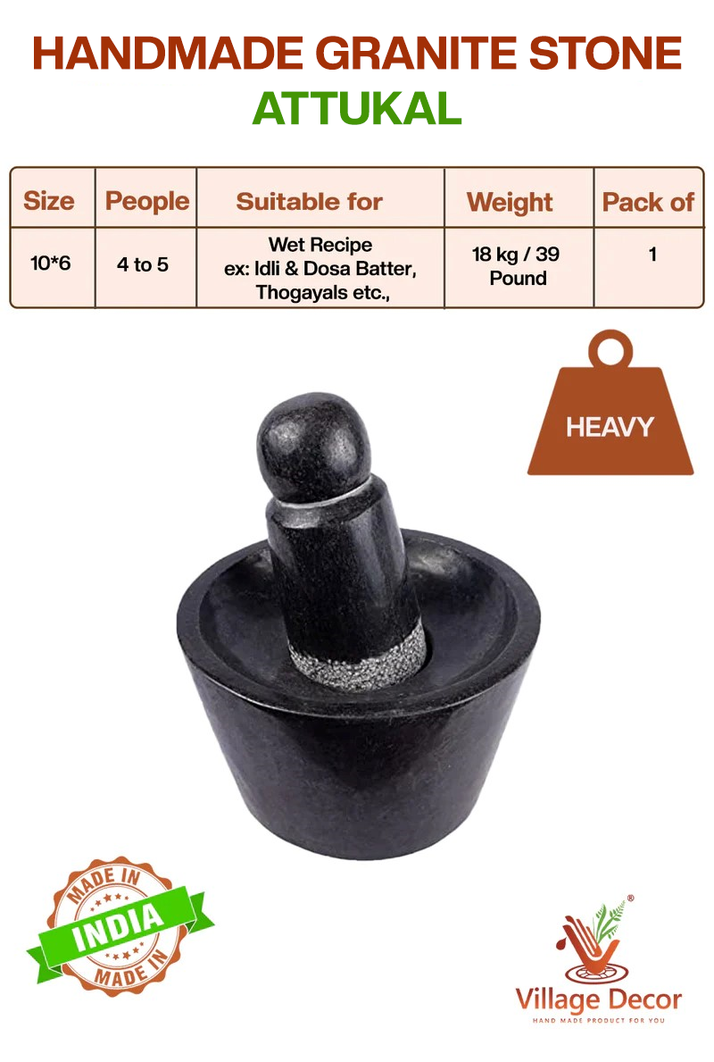 Handcarved Polished Attukal or Rubbu rolu with size, weight, and usage details – suitable for Grinding idli, vada batter etc.,
