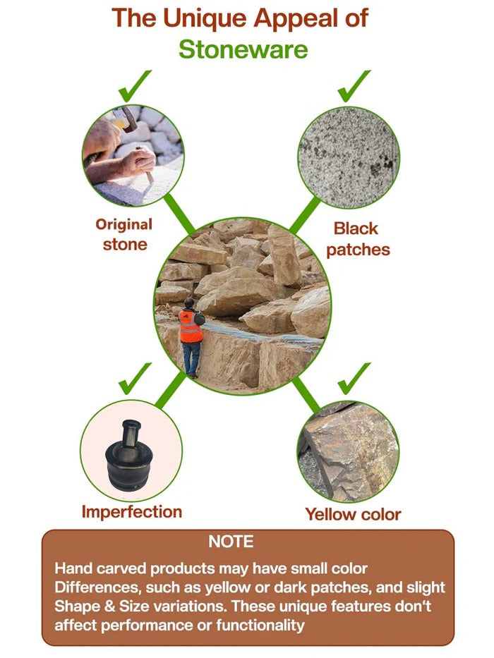 Each handcrafted stoneware(Mortar and Pestle) piece has natural marks like patches, color shifts, or shape changes – proof of uniqueness.
