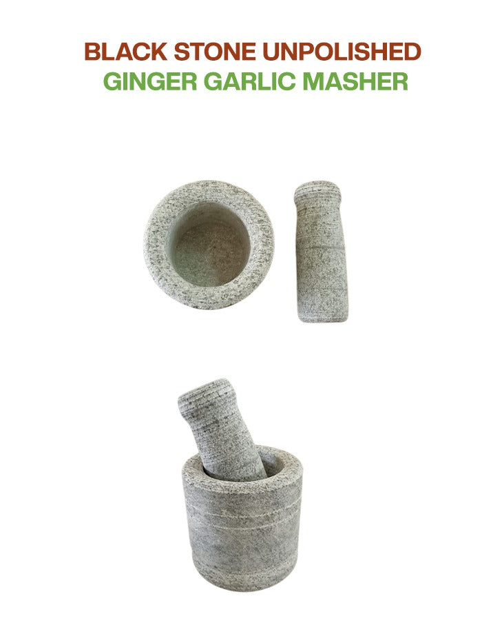 Unpolished mortar and pestle made of Black Stone, used as a ginger garlic masher, displayed on a white background