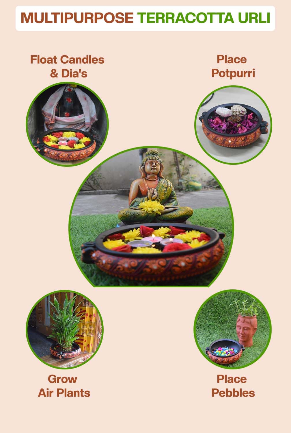 Multipurpose terracotta urli used for floating candles, potpourri, air plants, pebbles, and flower decoration, ideal for home decor and festive displays.