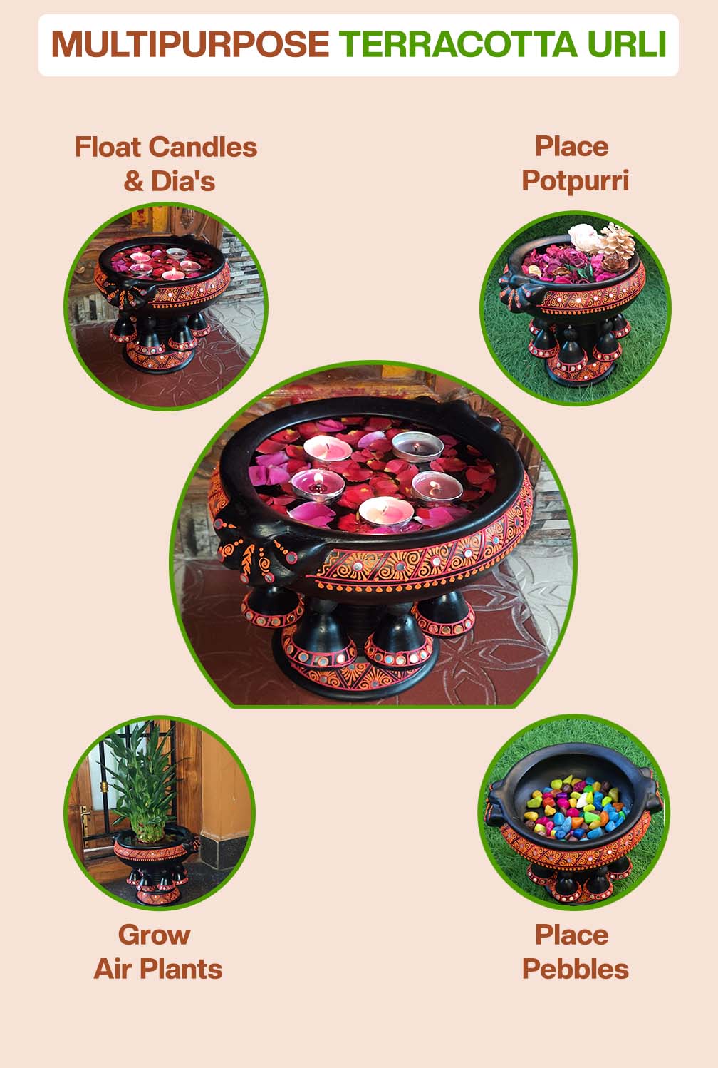 Multipurpose terracotta urli used for floating candles, potpourri, air plants, pebbles, and flower decoration, ideal for home decor and festive displays.