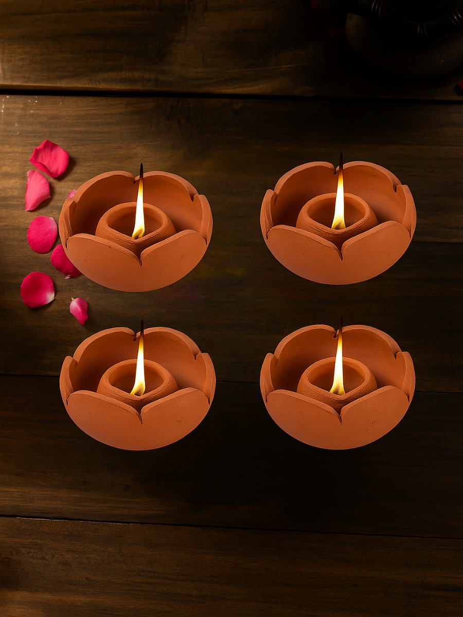 Terracotta Lotus Shape Diya | Handmade Traditional Lamp for Festival and Puja - 4 Qty