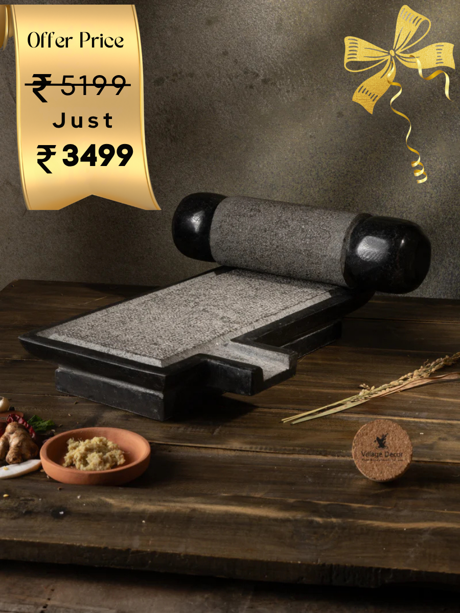 Black Stone Polished Sil Batta | Ammikallu:100% Natural, Flavourful Cooking, Mortar & Pestle (L x B = 15 x 9)