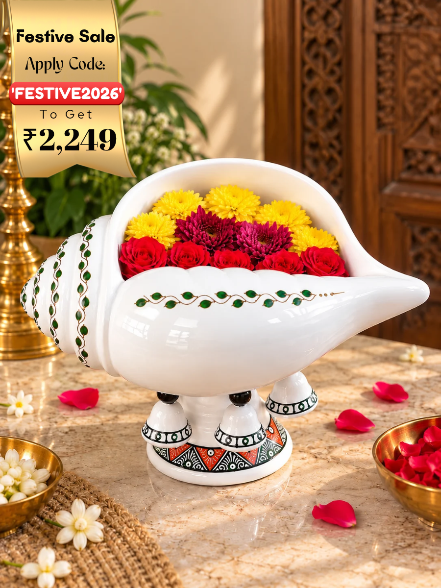 Terracotta Sangu Urli with Stand | Decorative Flower Design Urli Showpiece for Home Decor – Breadth 13 Inch