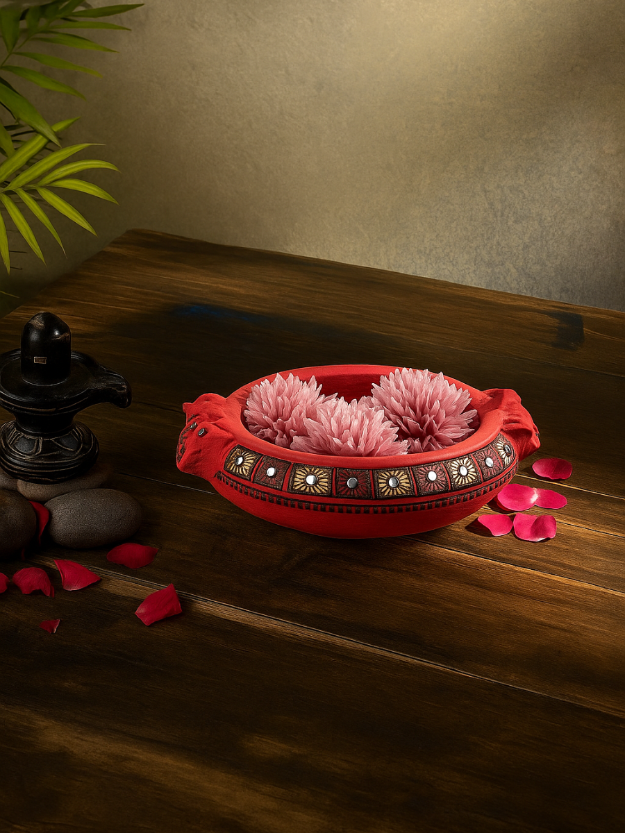 TerracottaHandpainted Red Urli, Showpiece Vastu Benefit, Decorative Bowl for Home  - (Dia- 9 inch)