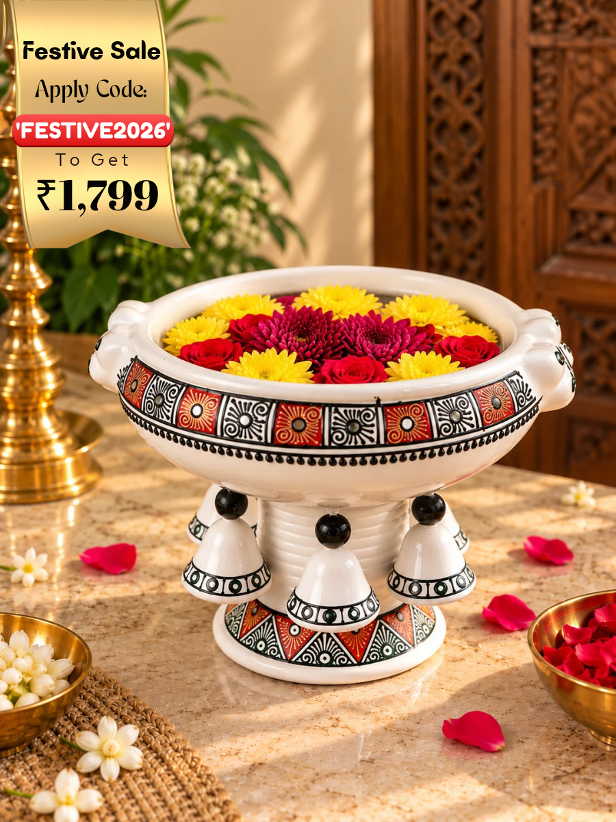 Terracotta Handpainted Urli with Stand | Decorative Urli Showpiece for Home Decor – Diameter 8 Inch