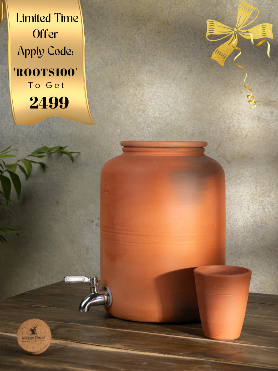 Earthen Clay water Pot with Lid, Tap and Glass | Pre-seasoned Matka - 6000 ml, Handmade, 100% Natural Cooling, Chemical-Free