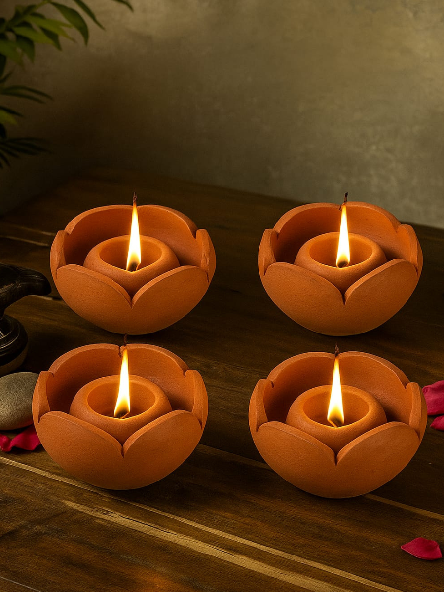 Terracotta Lotus Shape Diya | Handmade Traditional Lamp for Festival and Puja - 4 Qty