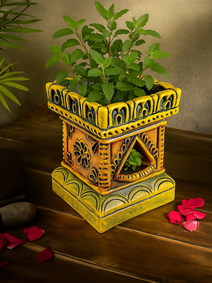 Terracotta Gardening Brindavan Tulsi Pot with Drainage Hole at Bottom | Tulsi Vrindavan for Balcony, Porch, Garden, Roof Planter (B * H - 6.5 * 8 Inch)