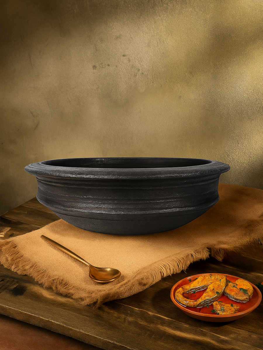Earthen Black Clay Cooking Pot | Handmade Mitti Ke Bartan Cook Non-Veg, Fish Curry & Veg Saute, 1.3 / 2 / 3 Liters
