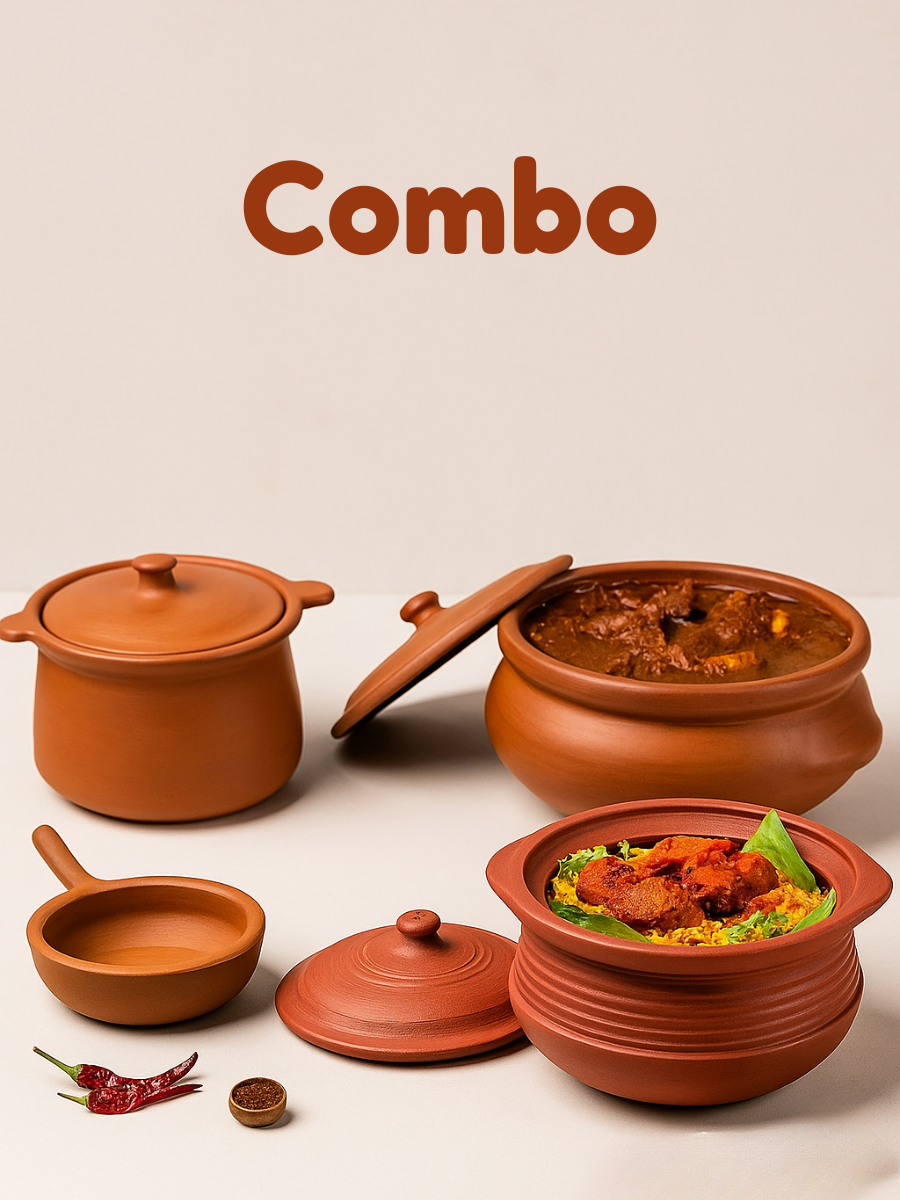 Home Chef Combo - Cooking Pot 2L & 3.5L, Porridge Pot 2L, Tadka Pan 400ml | Handmade & Gas Stove Safe