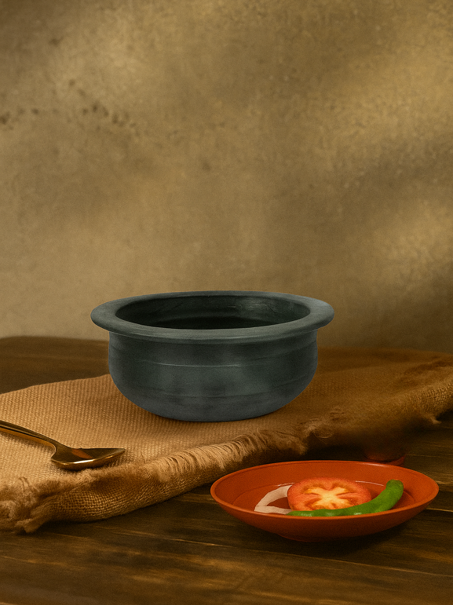 Earthen Clay Black Baby Food Making Pot | Handmade Mitti Ke Bartan Cook Ragi Porridge, Health mix porridge and Oats Porridge - 900 ML
