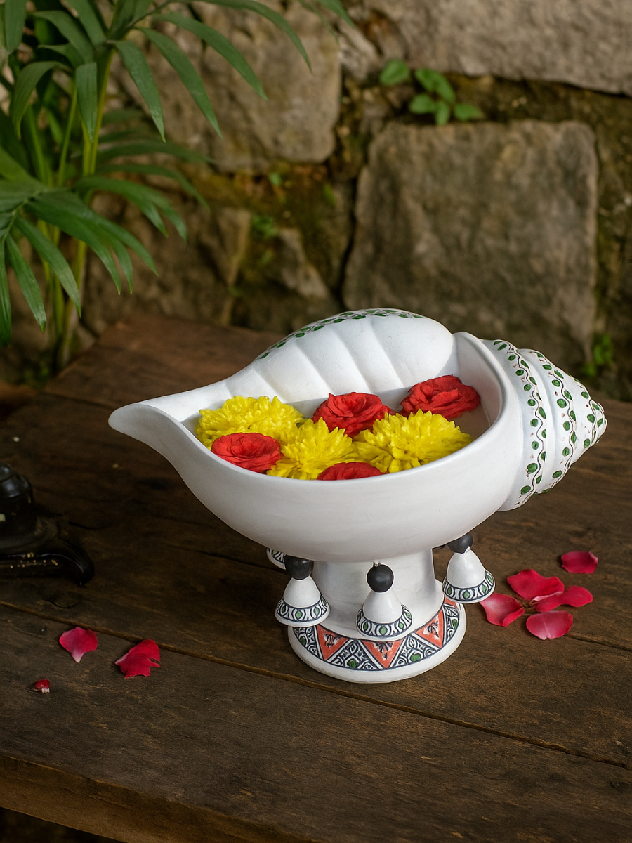 Terracotta Decorative Flower design Sangu urli with Stand | Showpiece Vastu Benefit - (Breadth-13 Inch)