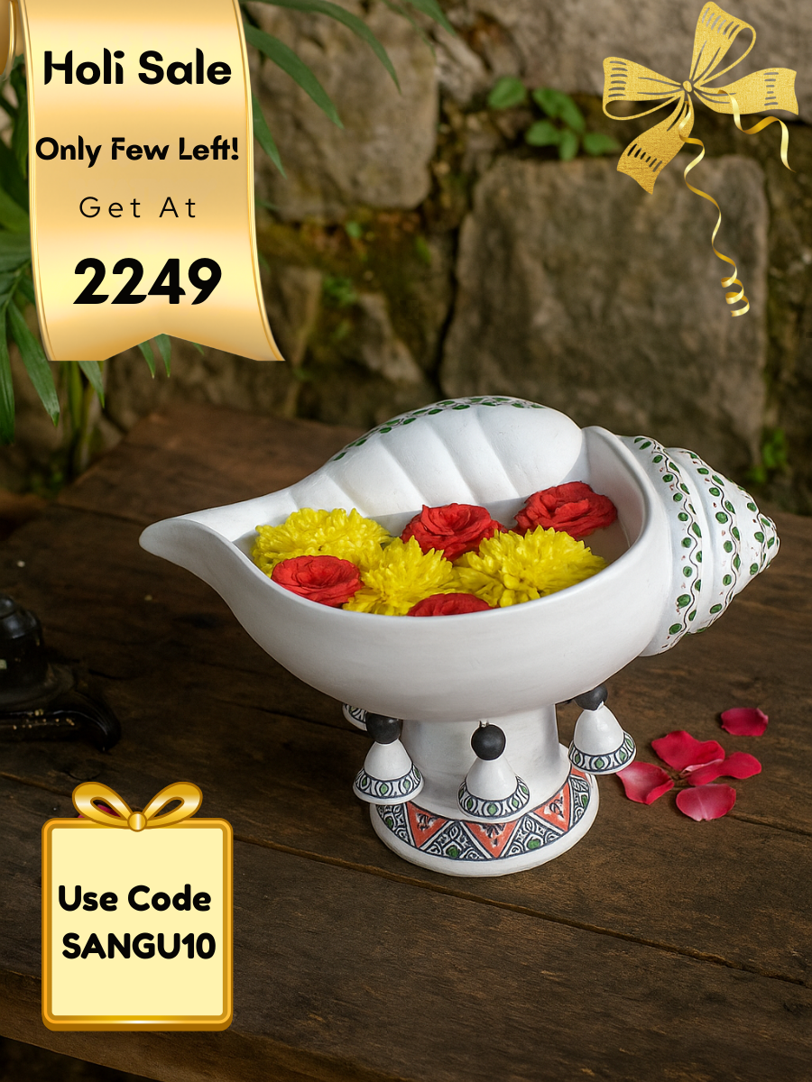 Terracotta Decorative Flower design Sangu urli with Stand | Showpiece Vastu Benefit - (Breadth-13 Inch)